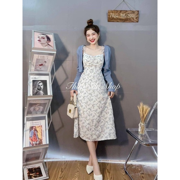 (HÀNG LOẠI 1) SET VÁY 2 DÂY MIDI + KHOÁC GÂN XANH kèm hình thật