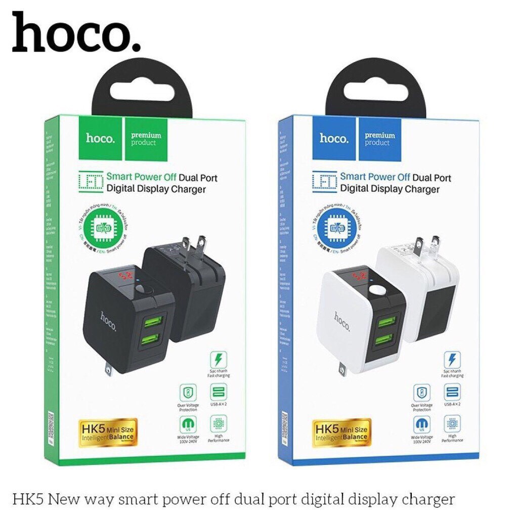 Hoco HK5 Củ sạc tự ngắt hoco HK5 có 2 cổng USB đèn hiển thị công xuất và dòng điện sạc