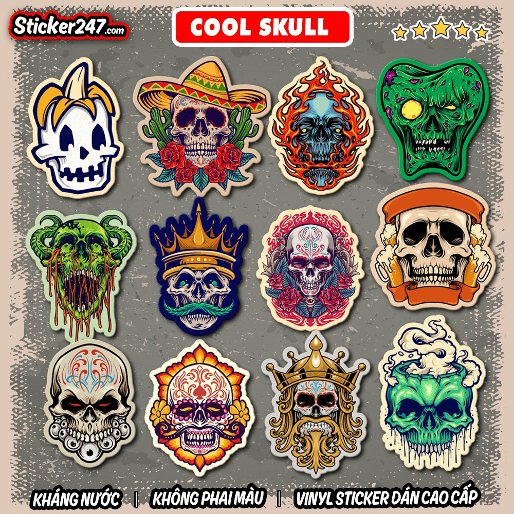 Sticker Đầu Lâu Skull cool ngầu 𝑭𝒓𝒆𝒆𝒔𝒉𝒊𝒑 chống nước, sticker dán laptop, điện thoại, đàn, mũ bảo hiểm, vali