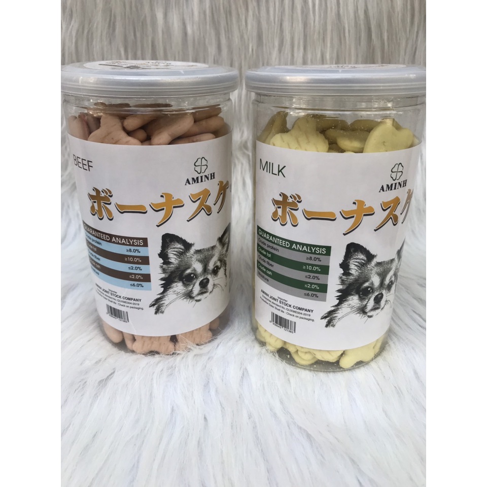 Bánh thưởng cho chó dạng bánh quy hộp 250gr được chọn vị bò và sữa