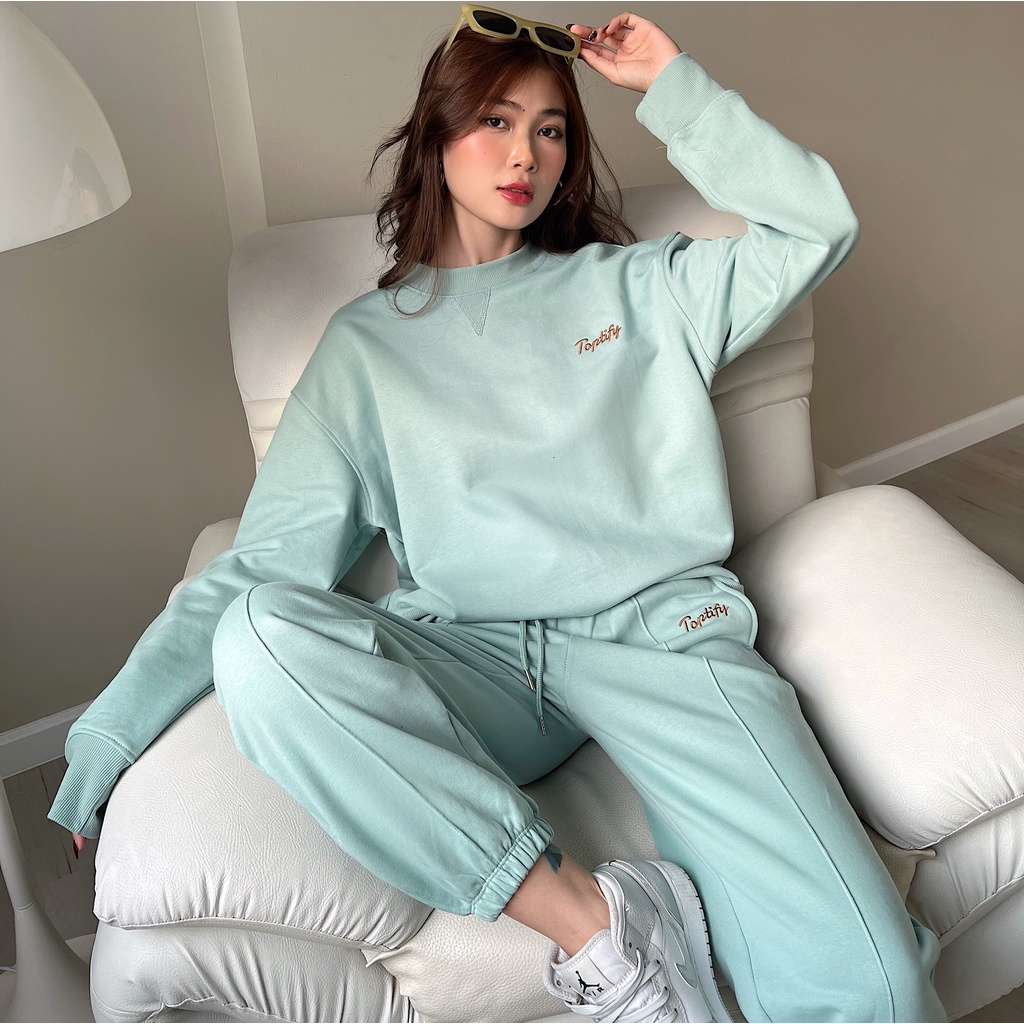 Bộ quần áo nỉ thêu logo oversize dài tay TOPTIFY sweater và jogger Trip Away Set S11