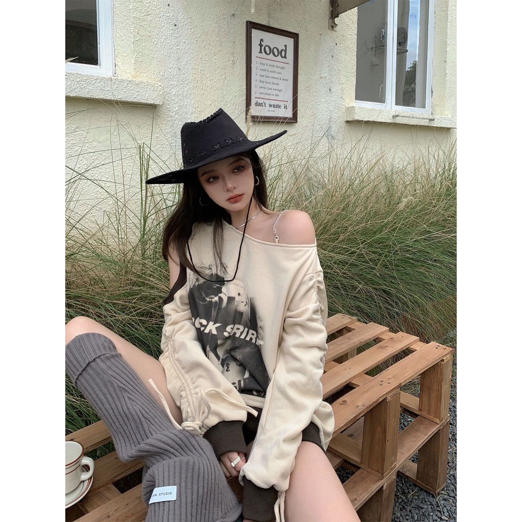 Áo mặc ngoài cổ chéo hở vai dáng rộng dễ phối đồ phong cách Mỹ thời trang thu đông mới dành cho nữ 4GNA