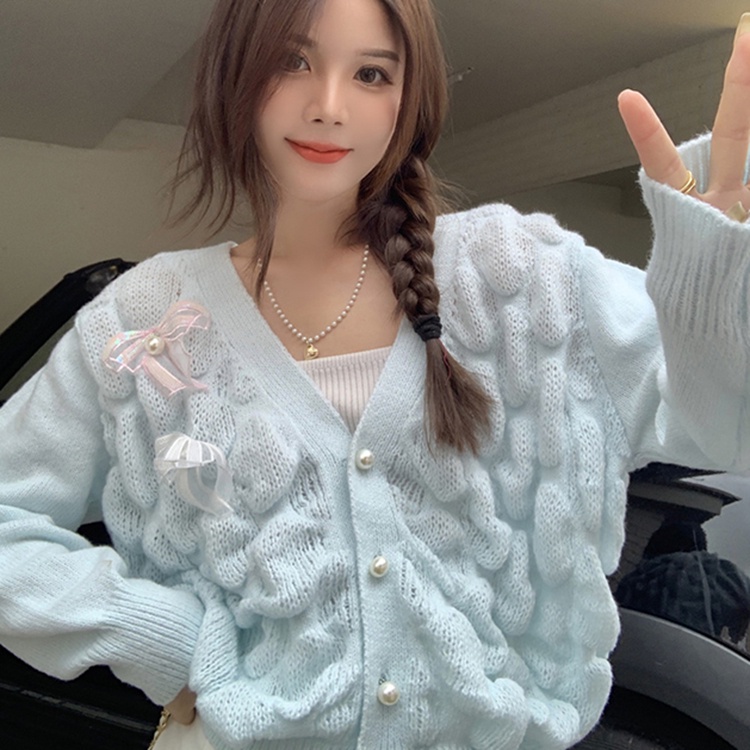 Áo dệt kim IELGY tay dài dáng rộng cổ chữ V phối thắt nơ xinh xắn cho nữ