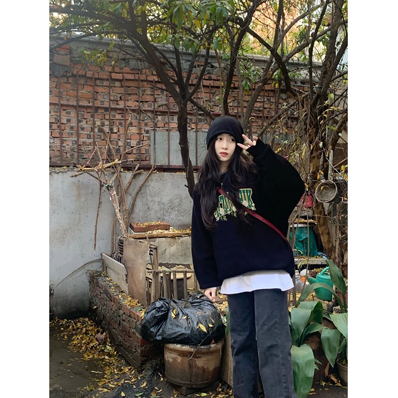 Áo Nỉ oversize Cổ Tròn In Họa Tiết Phong Cách retro Đường Phố Mỹ