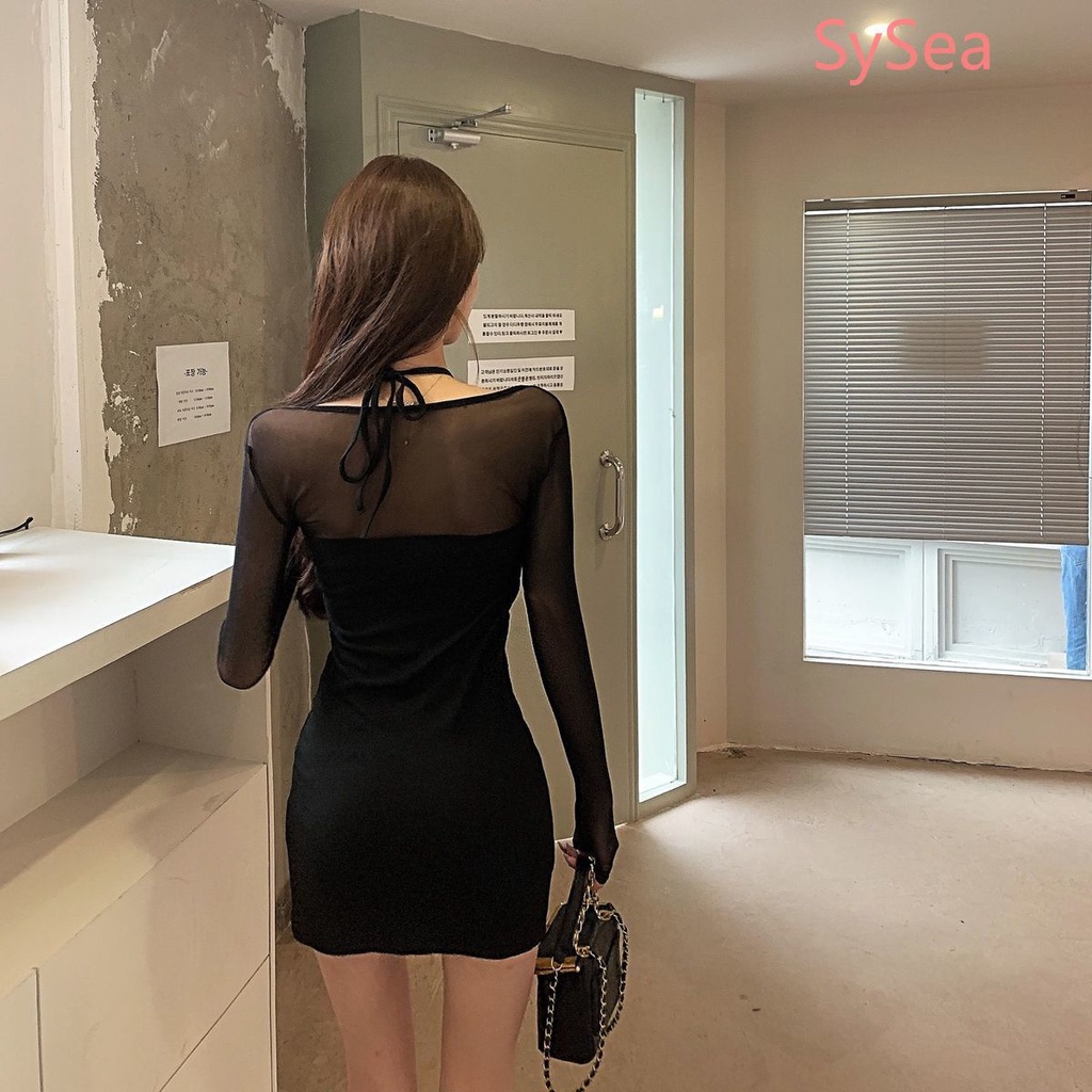 Đầm Tay Dài Phối Lưới Thiết Kế Xẻ Tà Thời Trang Mùa Thu Quyến Rũ Cho Nữ