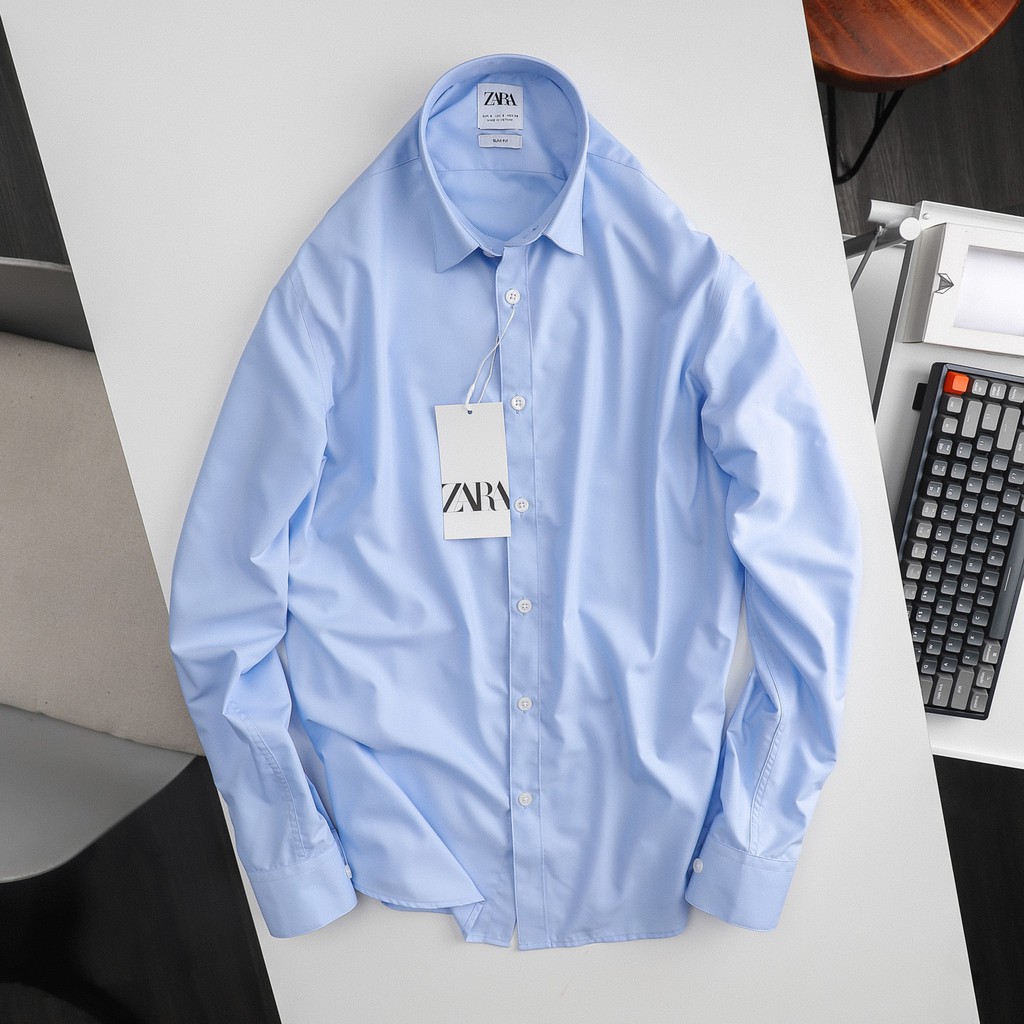 Áo sơ mi nam dài tay áo kiểu slimfit ZR vải modal màu xanh 2016 foxxmen
