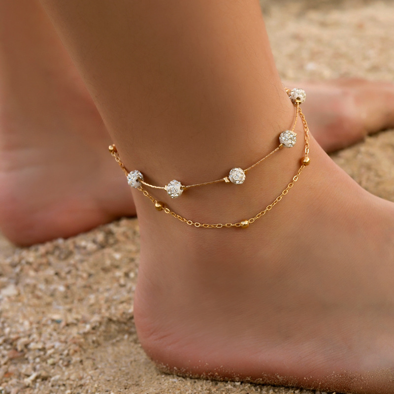 Fashion Double Layer Anklet Rhinestone Ball Foot Chain Simple Double Layer Beach Foot Ornament