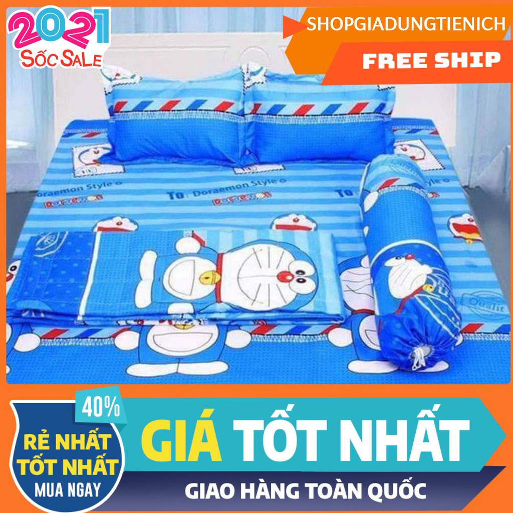 Bộ Vỏ Chăn Ga Gối Kèm Vỏ Gối Ôm Gồm 5 Món Doremon xanh