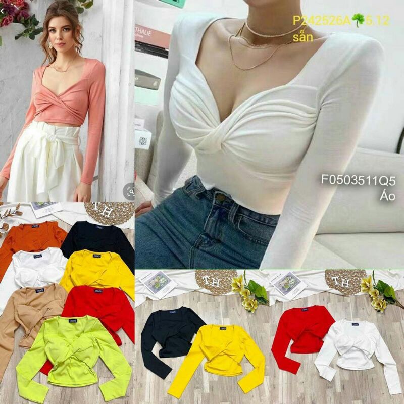 Áo thun xoắn ngực tay dài!S100% ảnh sàn tự chụp, no fake