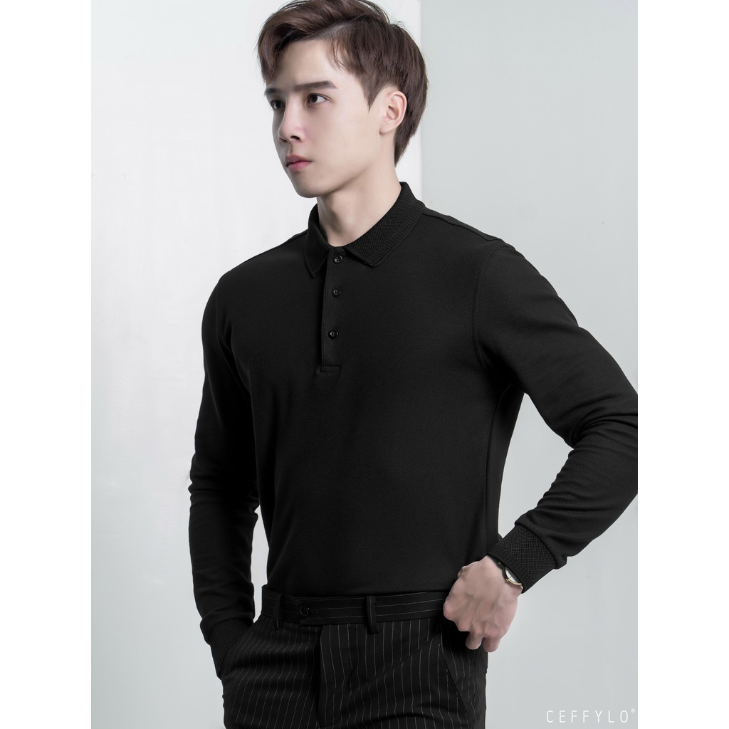 [Mã LTP50 giảm 50000 đơn 150000] Áo Polo Dài Tay Đen Trơn Basic Vải Cotton Mềm Mịn - CEFFYLO | BigBuy360 - bigbuy360.vn