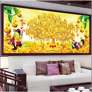 Tranh thêu Cây tiền thần tài may mắn kt 100-55cm
