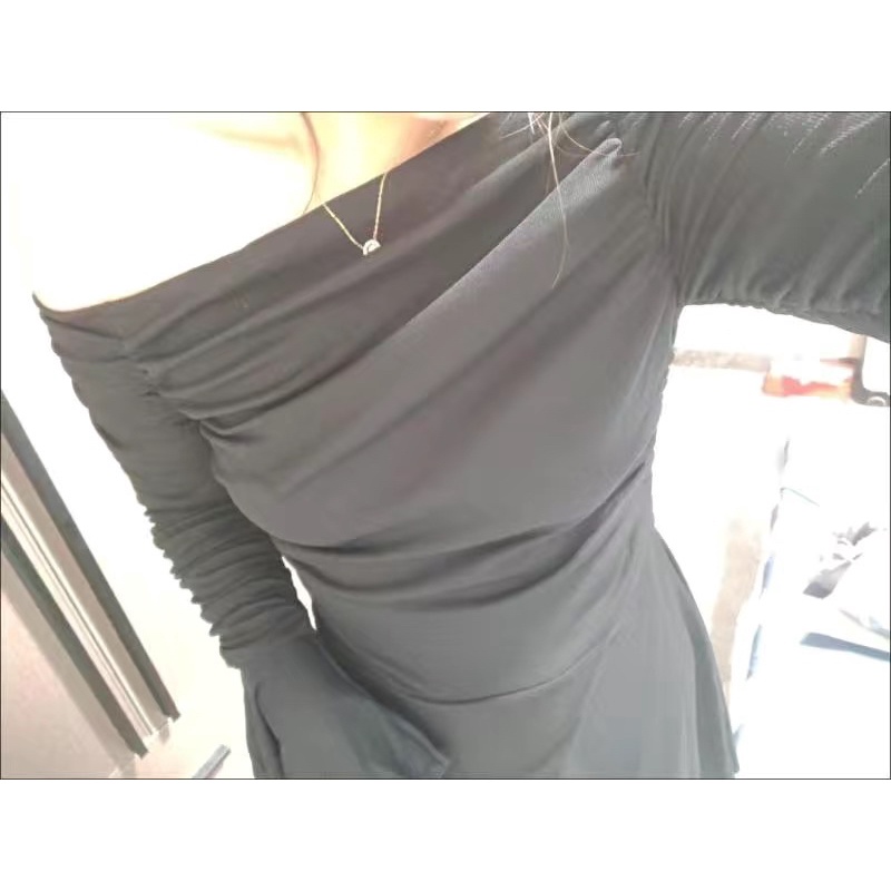 Váy trễ vai hai màu đen be phom tôn dáng hack chân cực xinh - Váy đầm nữ dáng xoè hở vai