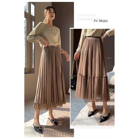 #8882 Chân váy xếp ly dáng dài lót bóng mặc 2 mặt