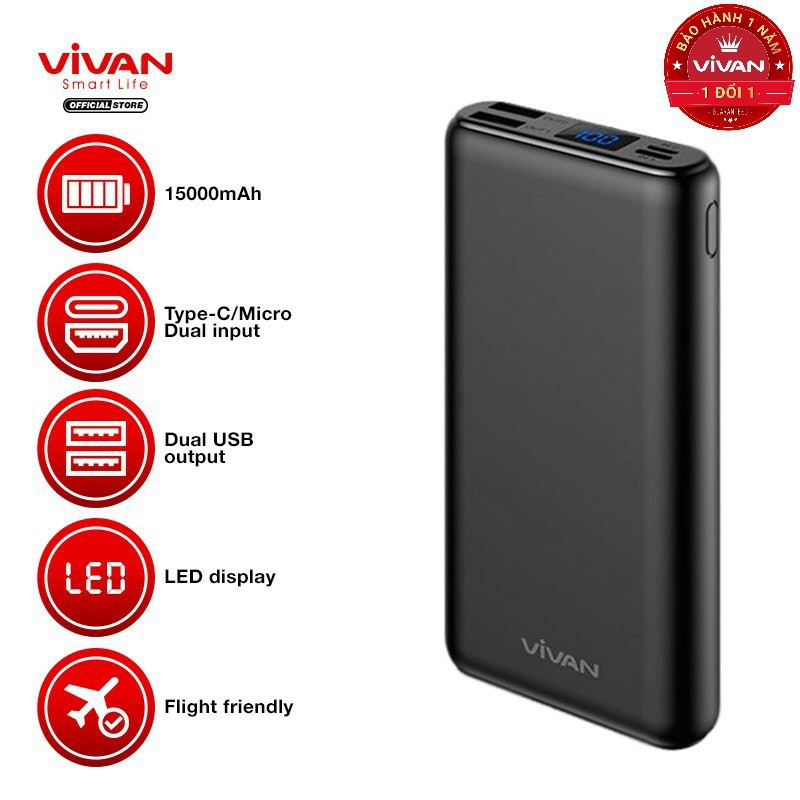 Pin Sạc Dự Phòng VIVAN 15.000mAh 12W 2 Cổng Đầu Ra/Đầu Vào - VPB-H15