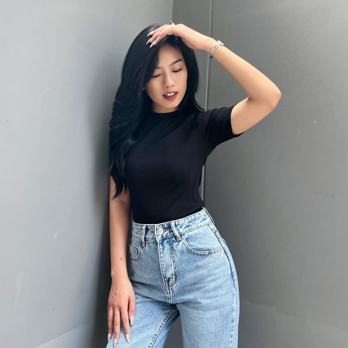 Áo Thun Trơn Nữ Tay Ngắn Cổ Cao Màu Trắng, Đen- HNFBT - Hashtagem ( freesize dưới 53kg)