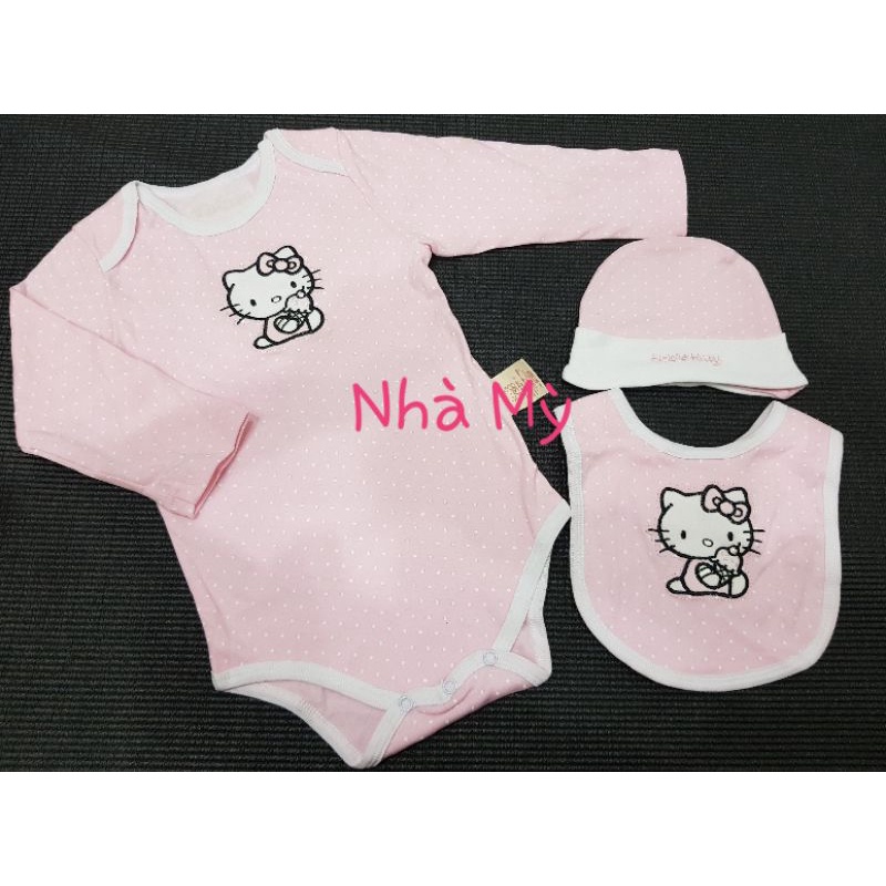 sét 3 chi tiết bodysuit, YẾM, mũ hãng Hello Kitty cho bé gái