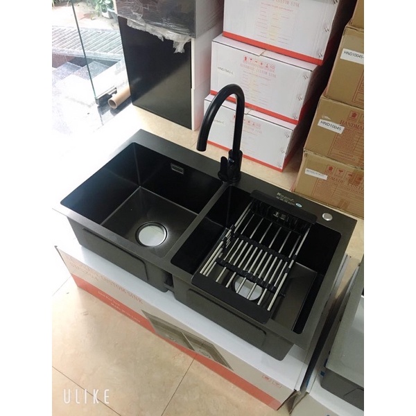 Bồn chậu rửa bát chén 2 hố inox 304 mạ nano đen