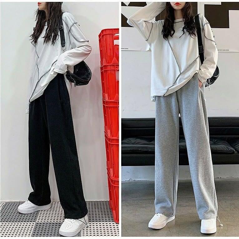 Quần thun trơn lưng cao DORA dáng suông ống rộng Unisex + kèm dây rút