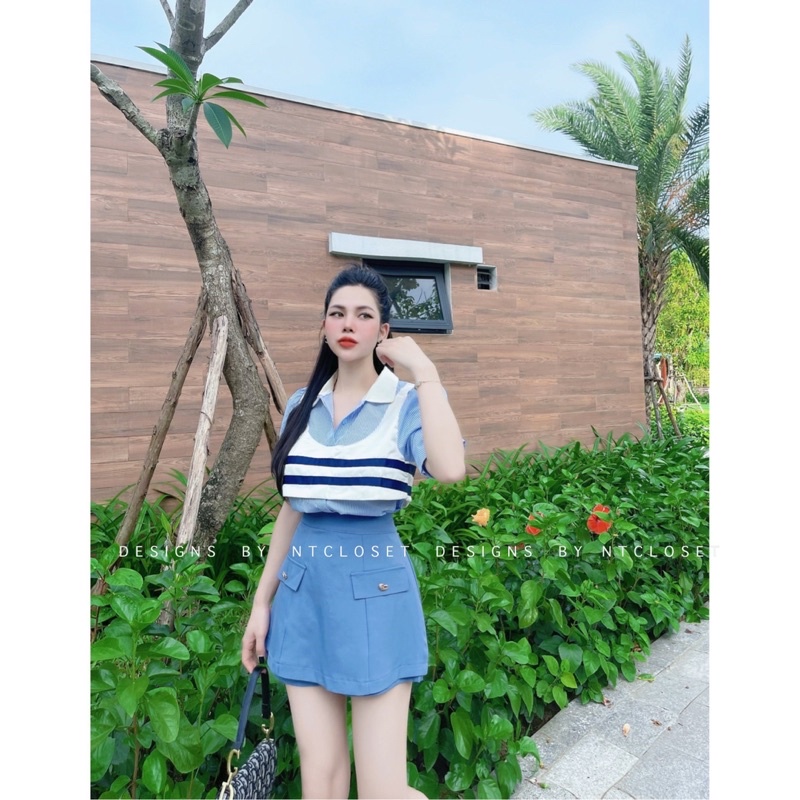 Set áo sơ mi mix chân váy xanh kèm tag nt closet (màu như ảnh sàn)