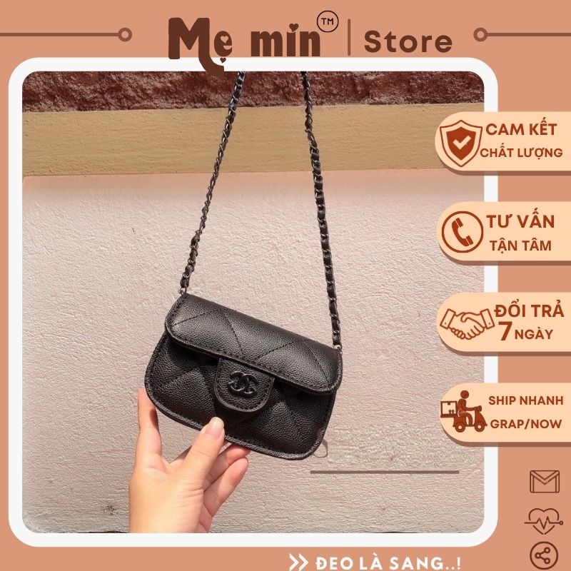Túi Mini Nữ , Túi Đeo Chéo Da Hạt Logo Dây Xích Đen trer trung TX081 - memin