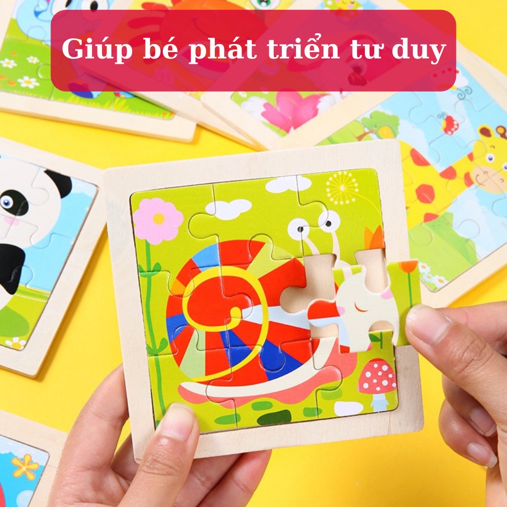 Đồ chơi tranh ghép hình xếp hình bằng gỗ 9 miếng chủ đề động vật phát triển tư duy cho bé trai bé gái