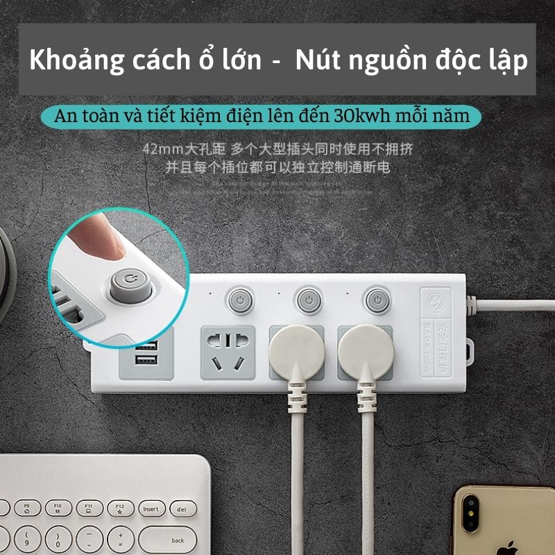 Ổ cắm điện đa năng thông minh 2 cổng USB 5v sạc nhanh, chịu tải 2500w an toàn cao dây dài 2,5m The Kitchen House