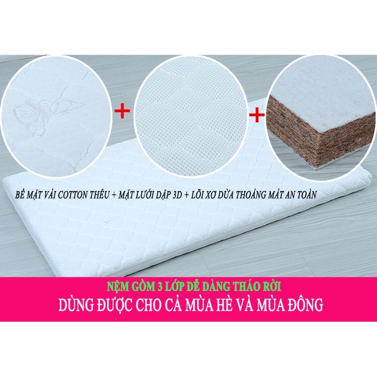 Đệm xơ dừa cho cũi kích thước đệm dài 100cm rộng 56cm dày 5cm. Nệm cũi thoáng mát, không lún chống cong vẹo cột sống.