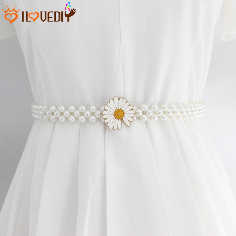 Thắt lưng đàn hồi đính đá ngọc trai nhân tạo phối khóa kim loại thời trang cho nữ