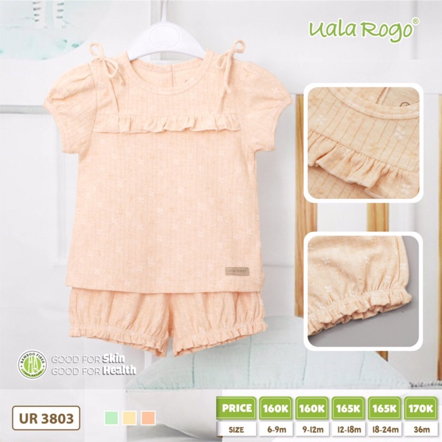 Bộ cộc tay uala rogo cài vai chui đầu chất cotton vải thủng, hoạ tiết modal, bộ bé gái cotton 2020