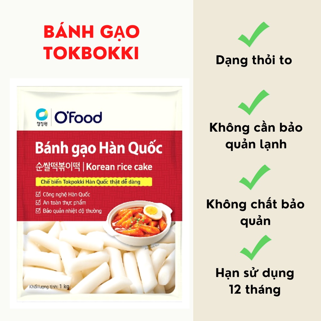 [MUA 2 TẶNG 1] COMBO 2 gói Bánh gạo Tokbokki Hàn Quốc O'Food 1KG, Tặng kèm 1 gói sốt nấu vị phô mai 120G