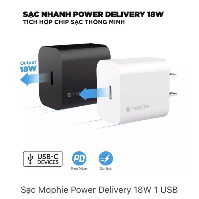 Sạc Mophie Power Delivery 18W USB-C Đen/ Trắng Sạc Nhanh Dành Cho Iphone/ Ipad Hàng Chính Hãng