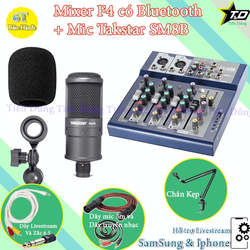 Combo mic thu âm Takstar SM8B với Mixer F4 có bluetooth chân kẹp dây mic 3m dây livestream chế zắc 6.5