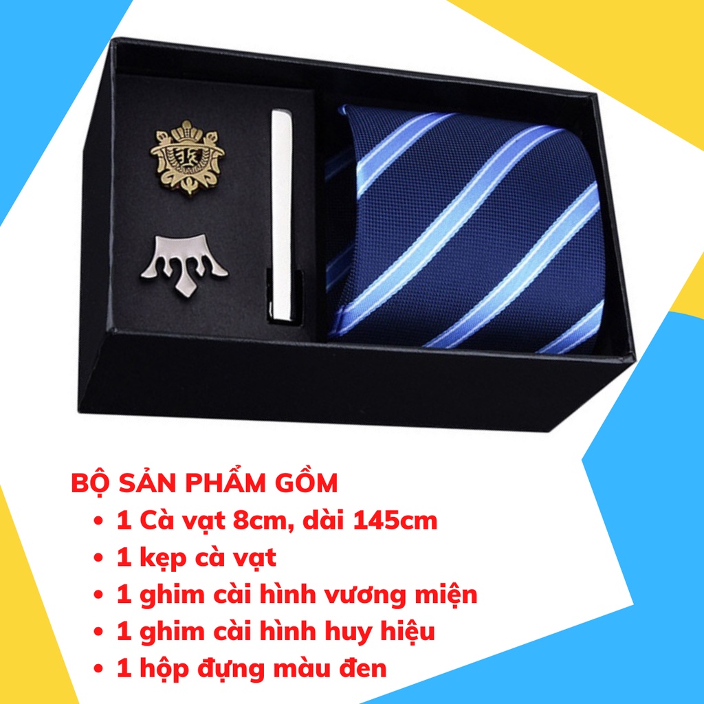 Set cà vạt bản to 8cm làm quà tặng cho Nam gồm cà vạt, kẹp cà vạt, ghim cài áo đóng hộp lịch sự CCV-06