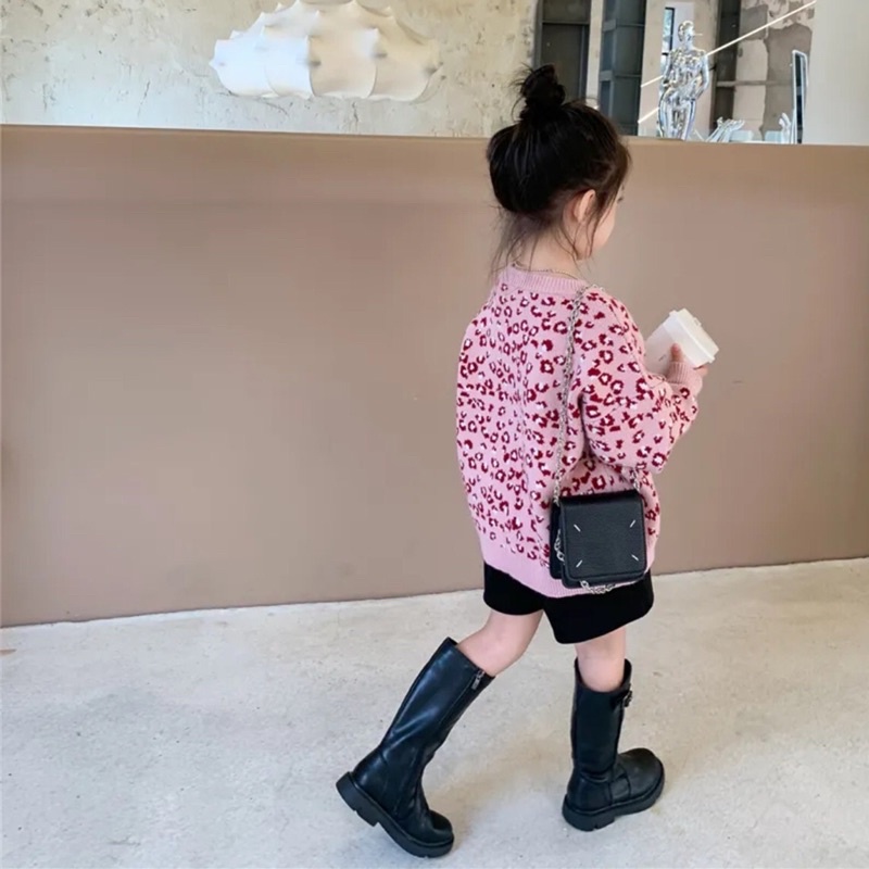 Áo len lót nỉ da beo Hồng bé gái