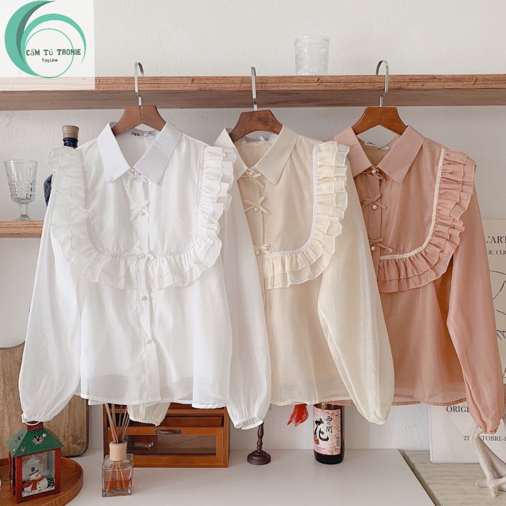 Áo sơ mi nữ form rộng kiểu hàn tay phồng màu trắng tiểu thư dài tay - Sơ mi nữ kiểu ren tay dài bigsize đi học công sở
