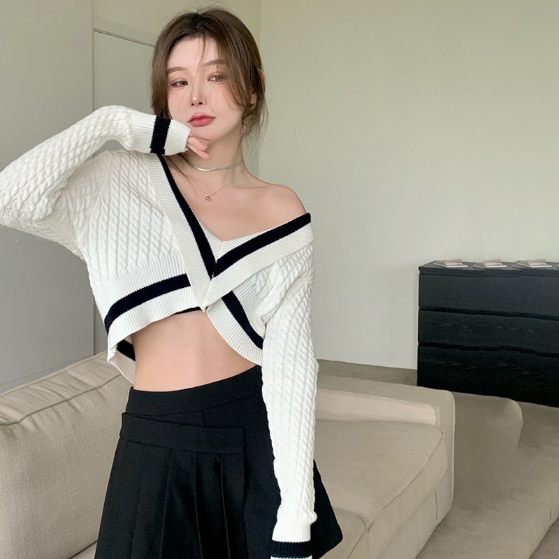 Áo Len Croptop Tay Dài Cổ Chữ V Thời Trang Hàn Quốc Dành Cho Nữ