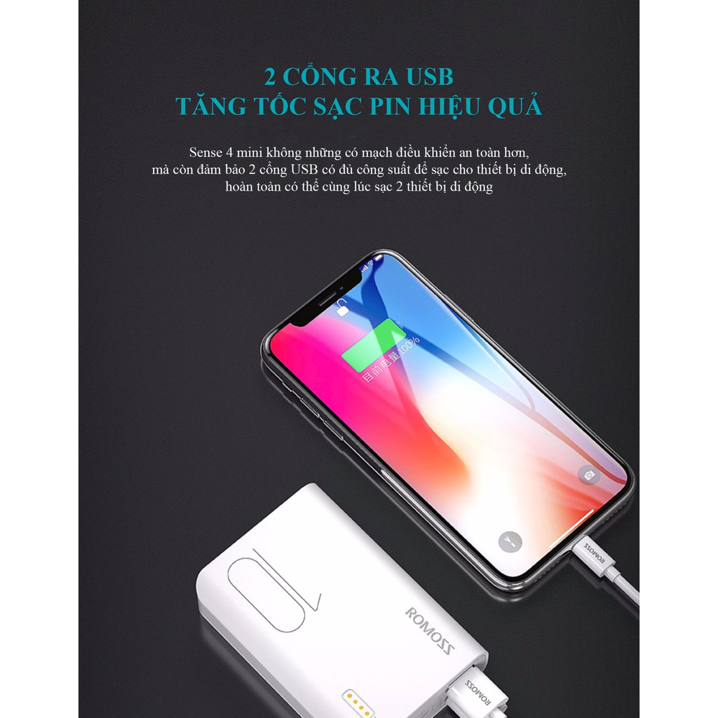 [BẢO HÀNH  1  ĐỔI 1] Pin sạc dự phòng Romoss sense 4 mini 10000mAh mỏng nhẹ gọn 2 cổng USB 3 cổng sạc vào