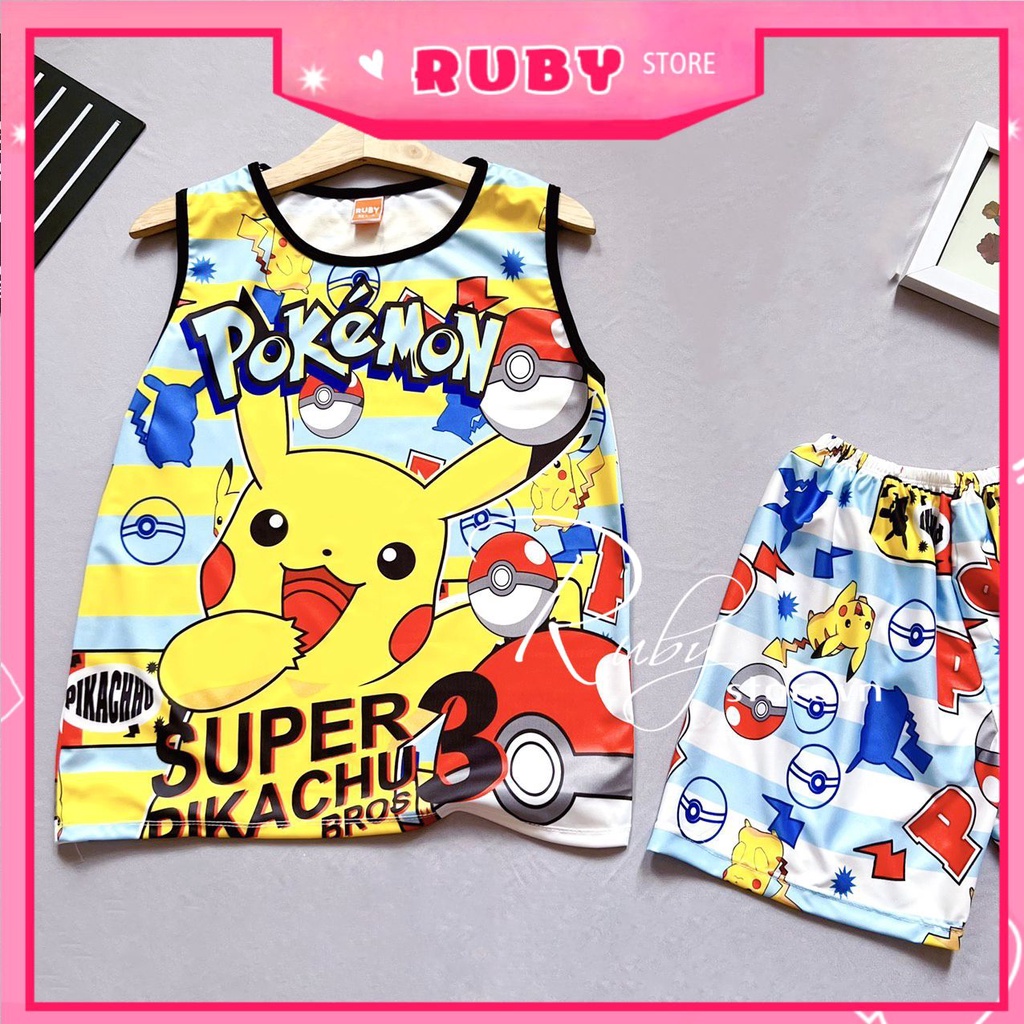 Đồ bộ sát nách cho bé trai bé gái mặc nhà size 5kg - 70kg vải thun mềm mát in hình pikachu dễ thương DBRBSN FULL SIZE