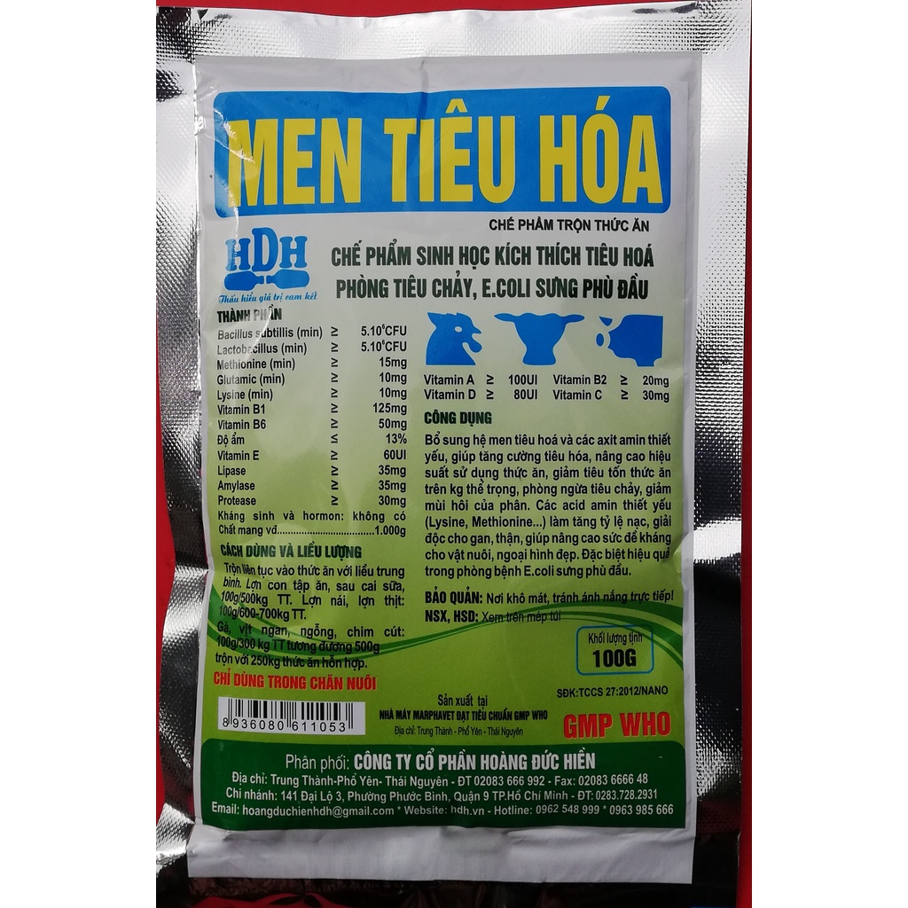 1 gói MEN TIÊU HÓA 100g Chế phẩm sinh học kích thích tiêu hóa,  phòng tiêu chảy, E.coli sưng phù đầu