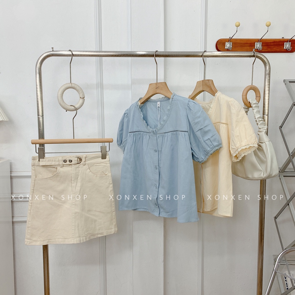 ÁO KIỂU NỮ áo kiểu cổ vuông sọc ren chất vải mềm mịn thoáng mát XONXEN SHOP freesize mã 3381