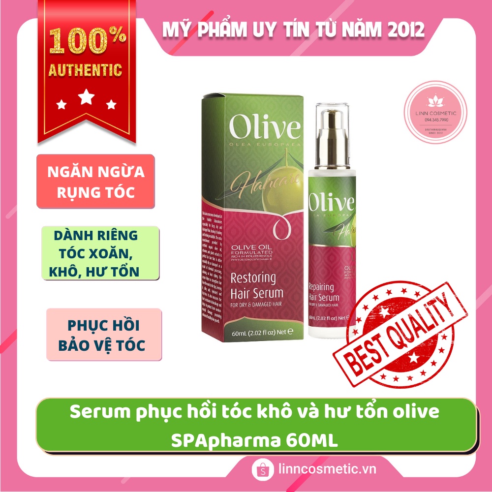 Tinh chất phục hồi tóc hư tổn Spa Pharma Olive Restoring Hair Serum for Dry &amp; Damaged Hair 60ml