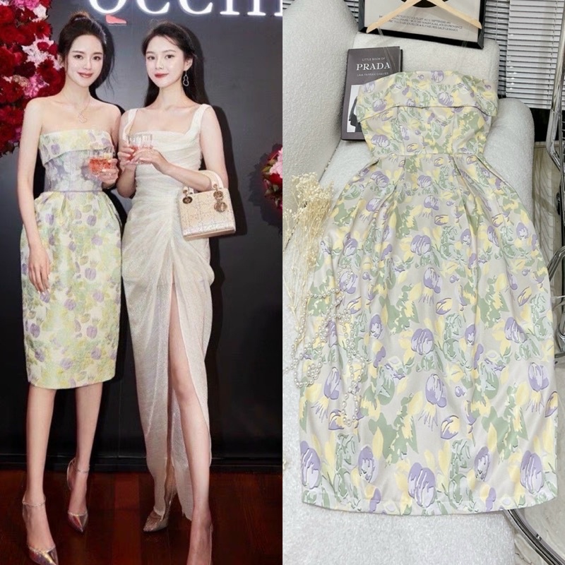 Đầm ống cúp ngực ôm body hoạ tiết tím xanh lá cao cấp, váy hot girl đi chơi dạo phố dự tiệc sự kiện sang trọng quý phái