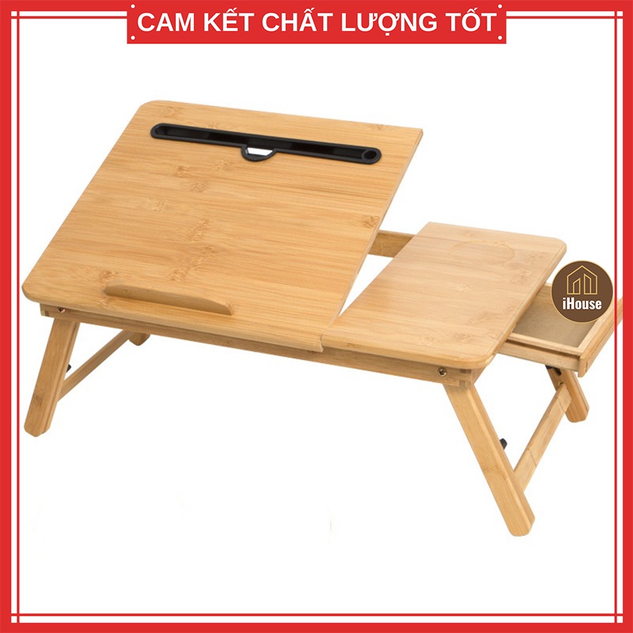 ✙✇Bàn học gấp gọn mini gỗ tre có khe dựng ipad iphone và ngăn kéo nhỏ, Bàn máy tính Laptop làm việc trên giường