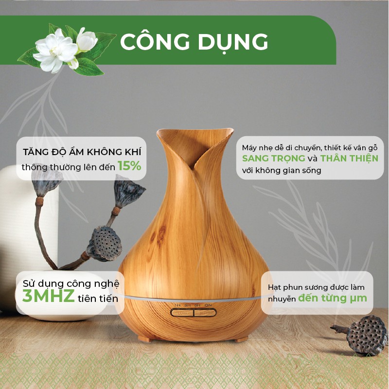 Máy khuếch tán tinh dầu 24Care hình tulip màu vàng công suất 10W dung tích 500ml có chế độ hẹn giờ