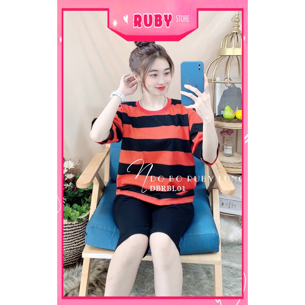 Đồ bộ thun lửng cho nữ mặc nhà chất vải mềm mát phối sọc in họa tiết xinh xắn DBRBLCT