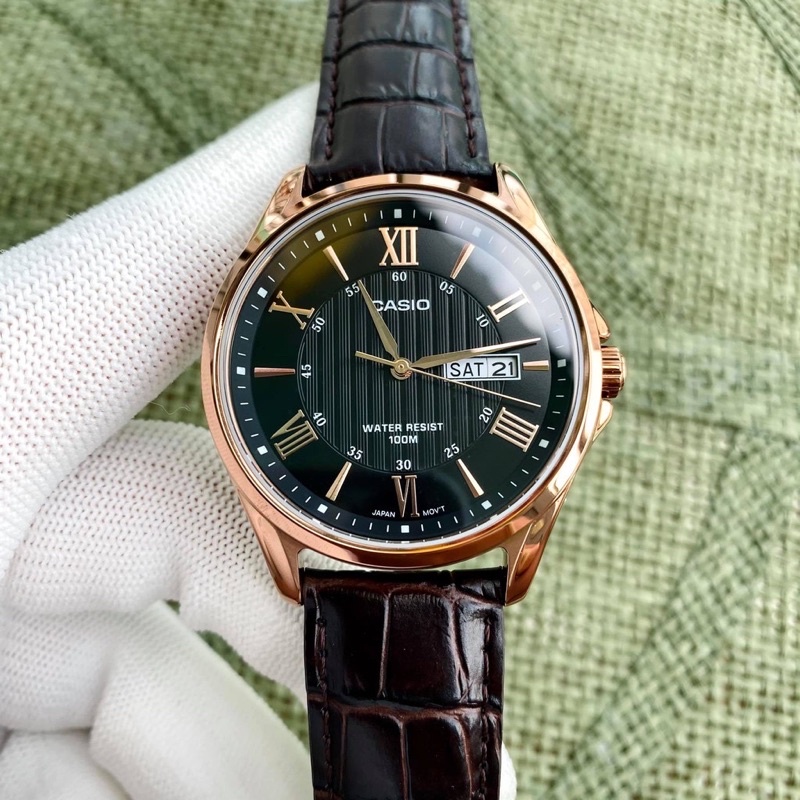 Đồng hồ Nam Casio MTP-1384L-1AV, đồng hồ chính hãng, dây da nâu, mặt đen, viền hồng