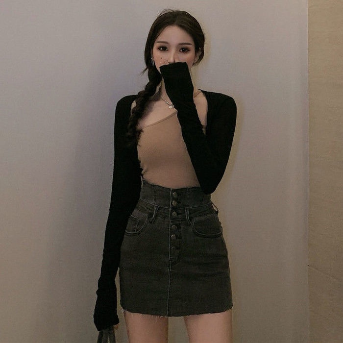 COZOKC Chân váy jean Lưng Cao Phong Cách retro Hong Kong