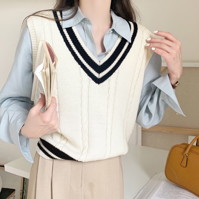 Áo Sweater Dệt Kim Không Tay Phong Cách Preppy Thời Trang Mùa Thu Cho Nữ