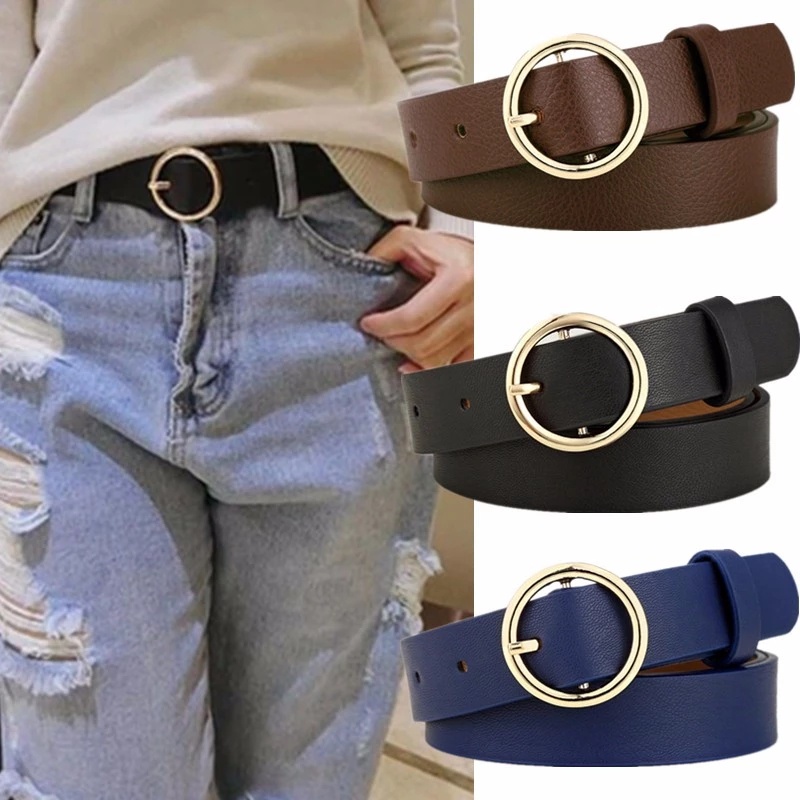 Dây thắt lưng da giả có khóa cài tròn kim loại phong cách đơn giản thời trang dành cho nữ