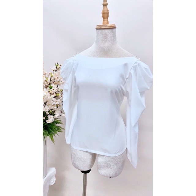 Áo Lụa Tay Phồng Vai Đính Châu (TRẮNG)